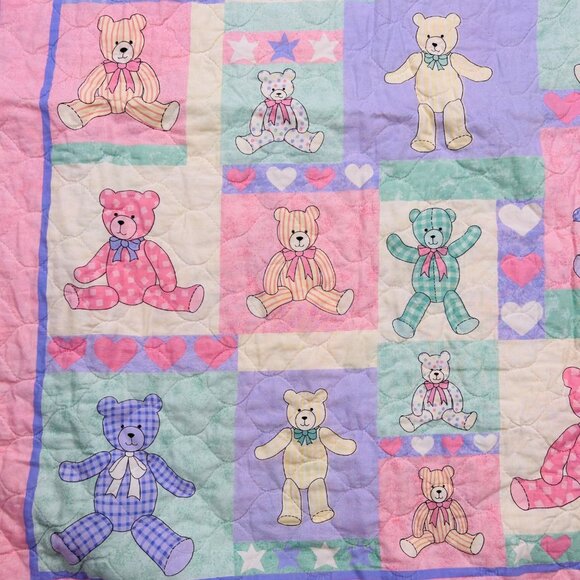 Vintage Teddy Bear Baby Quilt Purple Pink Ruffle Cottage - Picture 4 of 5